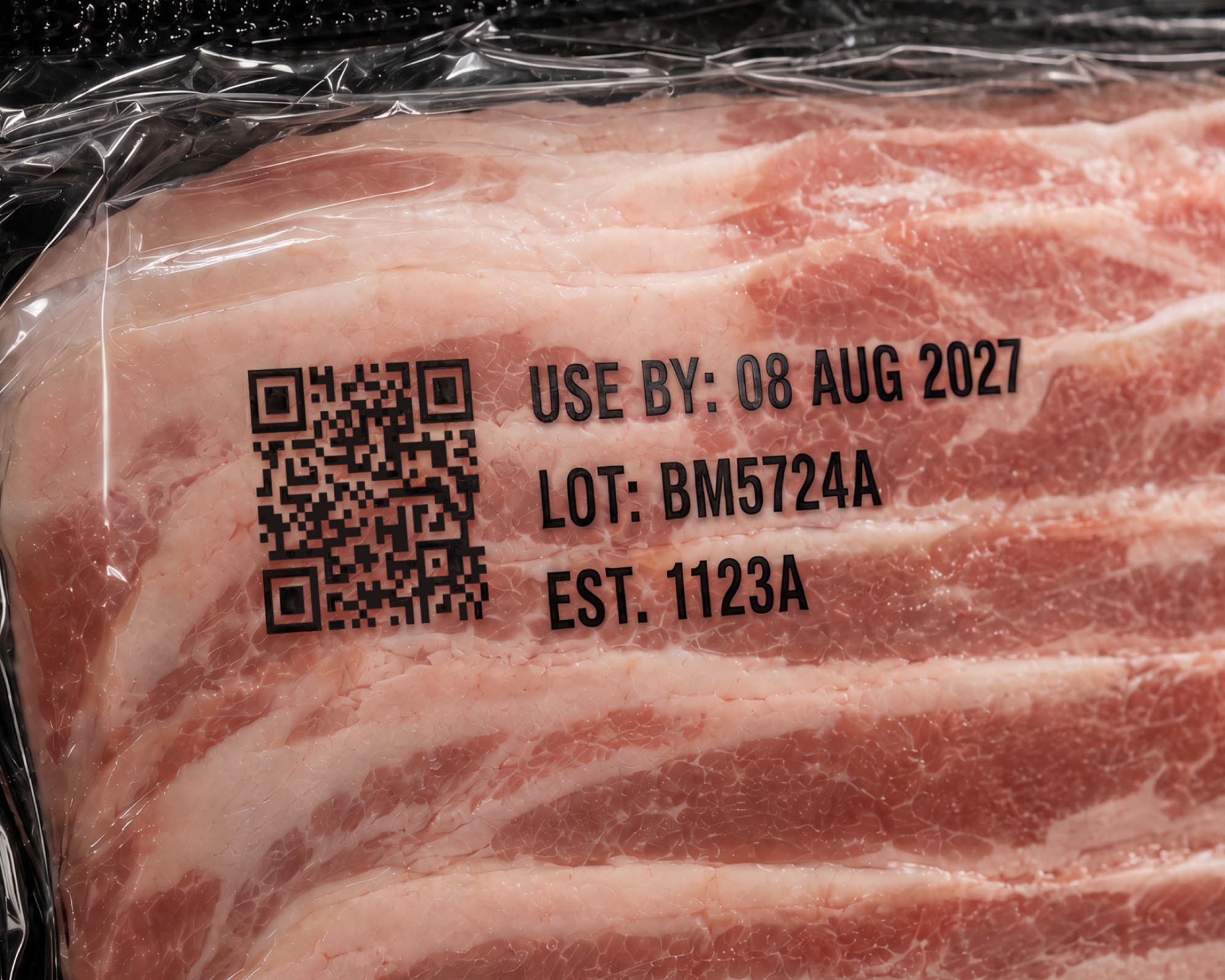 GS1 Sunrise 2027 compliant 2D code printed on bacon packaging